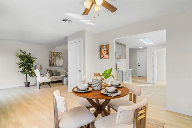 a living room with furniture and a potted plant
