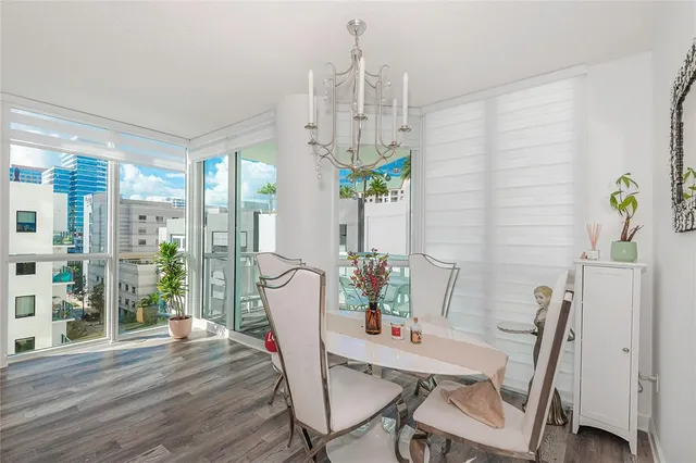 a view of a dining room with furniture window and wooden floor