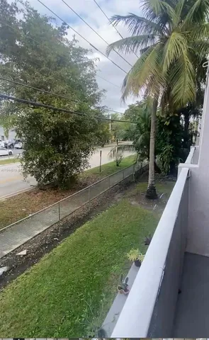 a view of a yard with plants and large trees