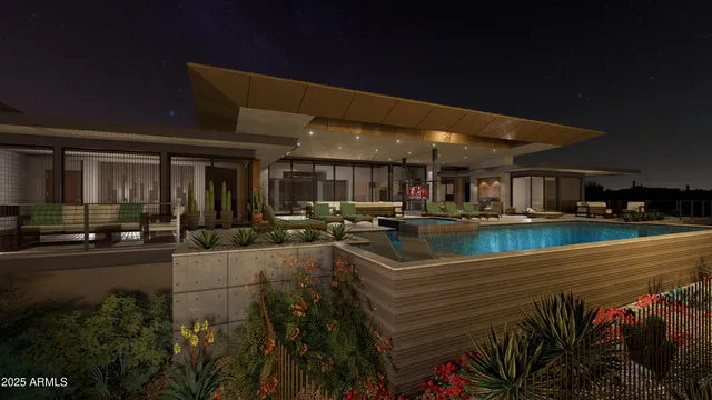 a view of a swimming pool with outdoor seating