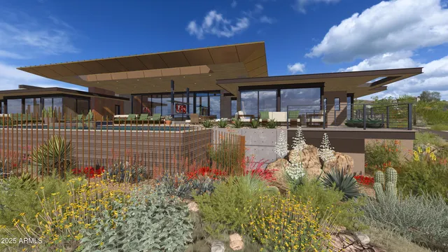 a swimming pool with outdoor seating and yard