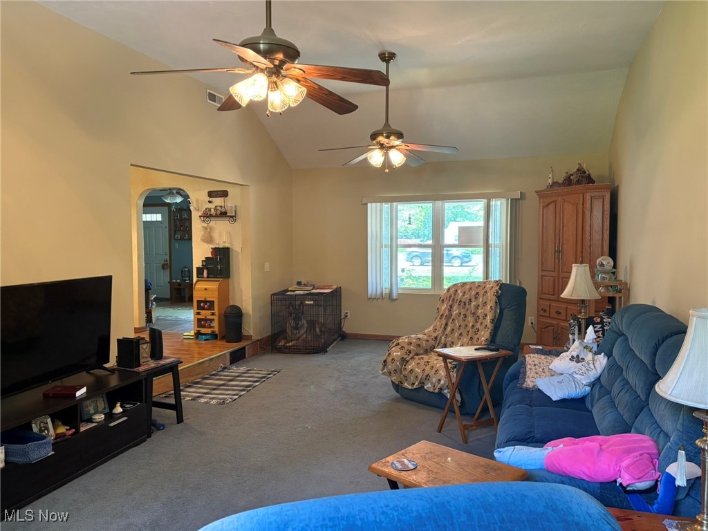3181 Jaycox Road Avon, OH 44011 - Photo 29 of 48 Carpeted living area featuring lofted ceiling, ceiling fan, and arched walkways