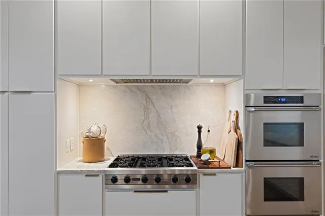 a view of a dining room with furniture