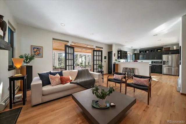 a living room with furniture a rug and a window