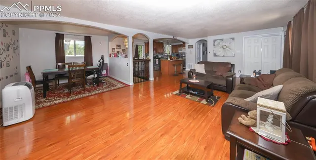 a living room with furniture and a wooden floor