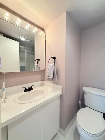 a bathroom with a sink toilet and mirror