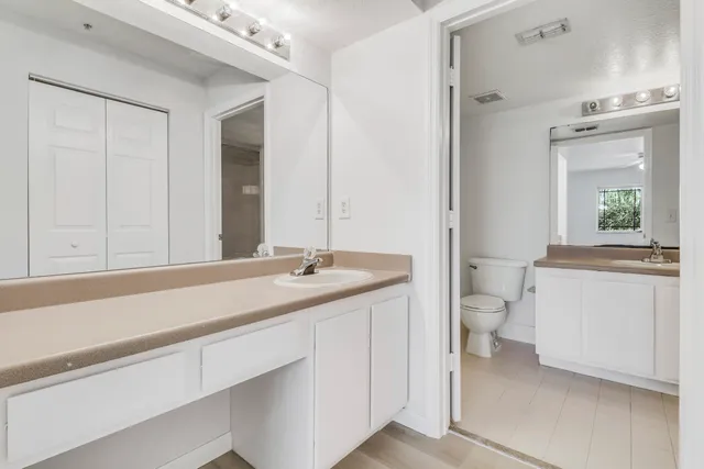 a bathroom with a sink a toilet and a large mirror