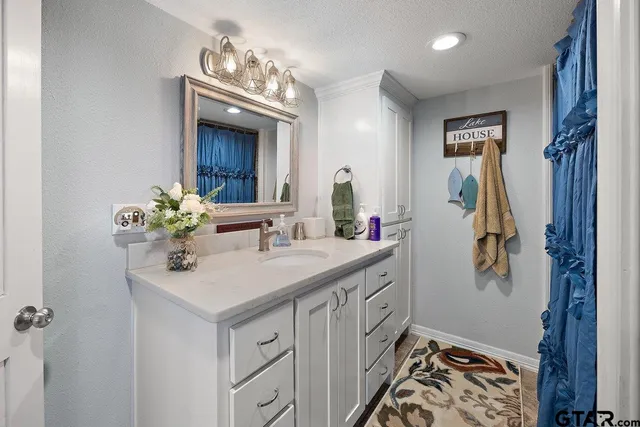 a bathroom with a sink vanity and a mirror