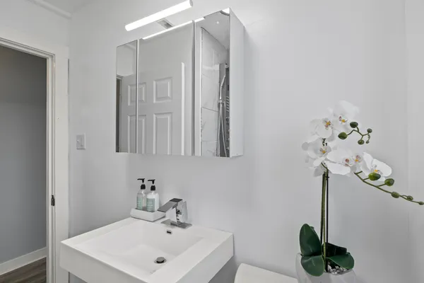 a bathroom with a sink a mirror and a shower