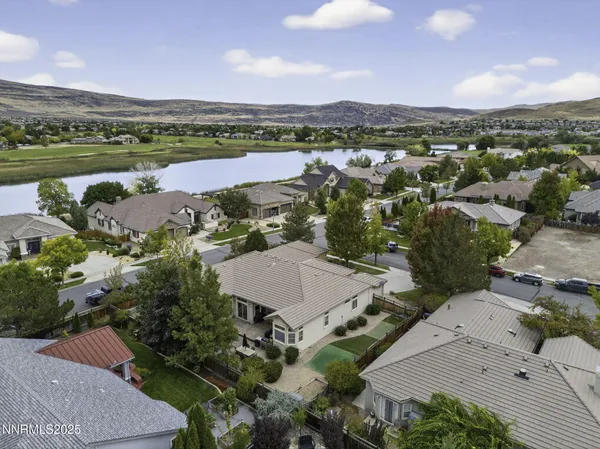 an aerial view of green landscape with trees houses and lake view
