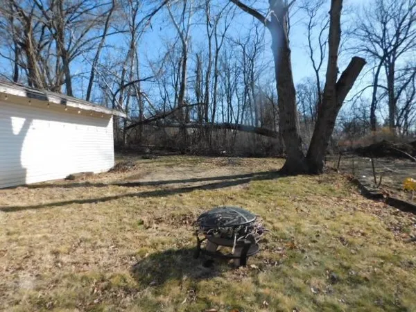 a view of a yard with large trees