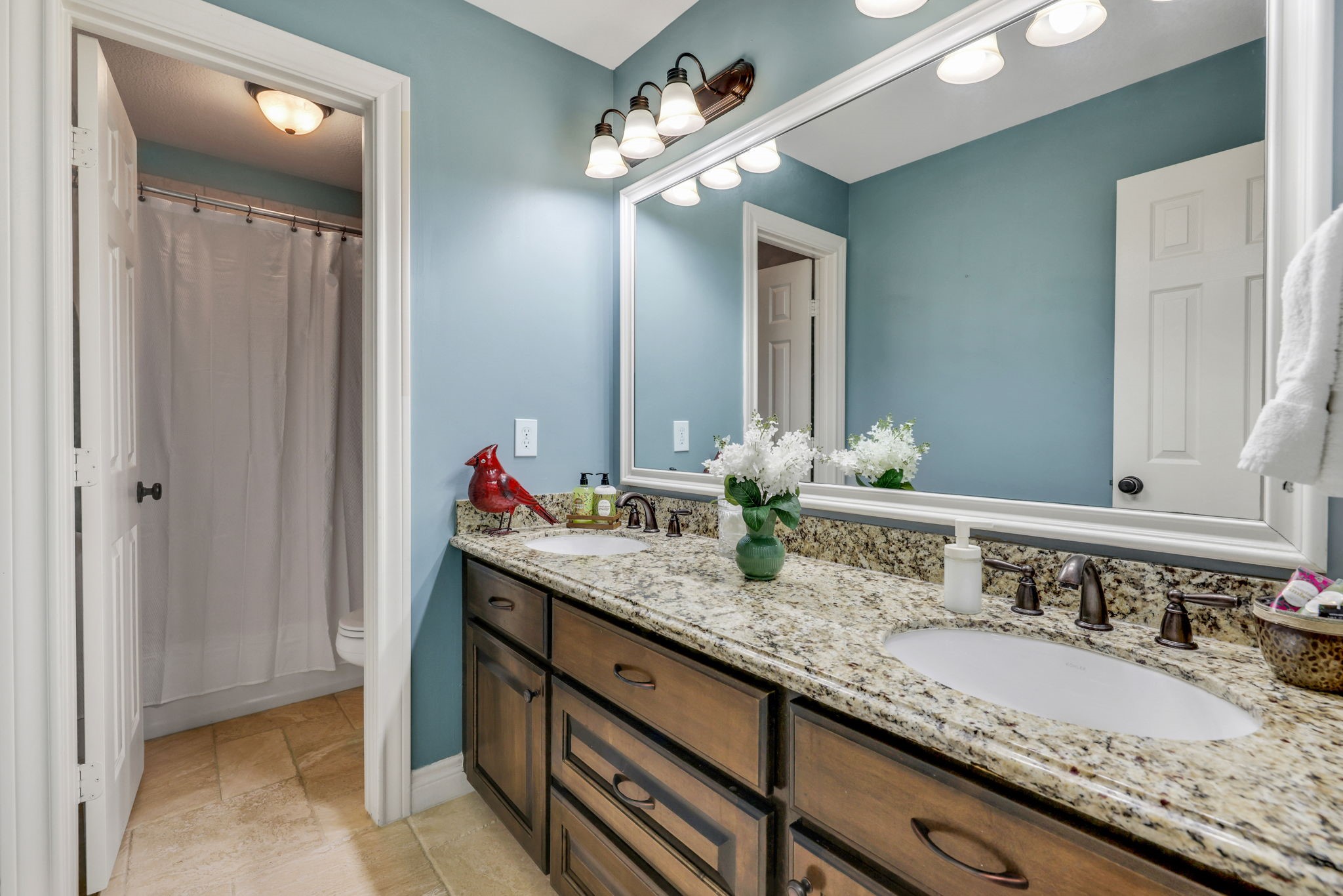 19407 Pine Tree Lane Waller, TX 77484 - Photo 27 of 39 a bathroom with a granite countertop double vanity and a mirror