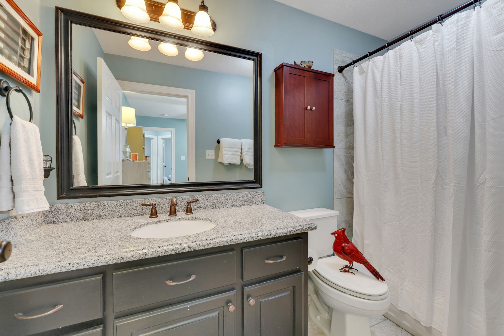 19407 Pine Tree Lane Waller, TX 77484 - Photo 29 of 39 a bathroom with a granite countertop sink a toilet and a mirror