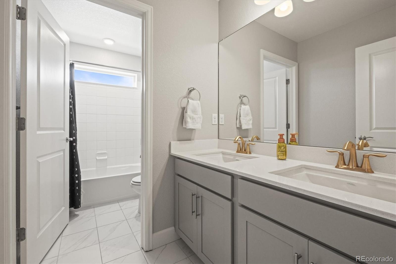 1624 Pinion Wing Circle Castle Rock, CO 80108 - Photo 34 of 47 a bathroom with a granite countertop sink and a mirror