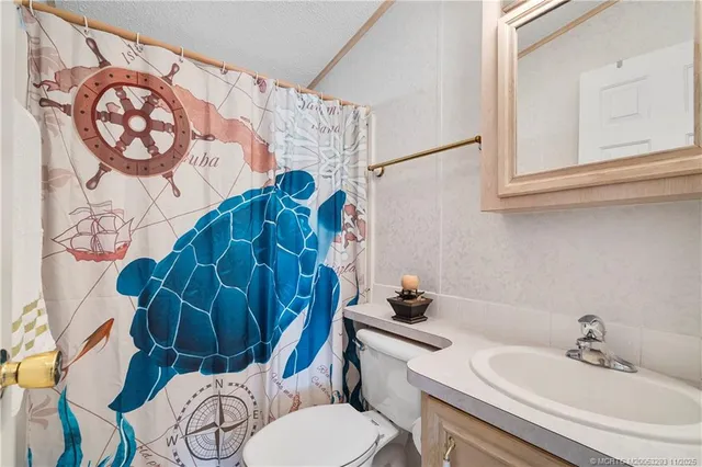 a bathroom with a sink mirror and toilet