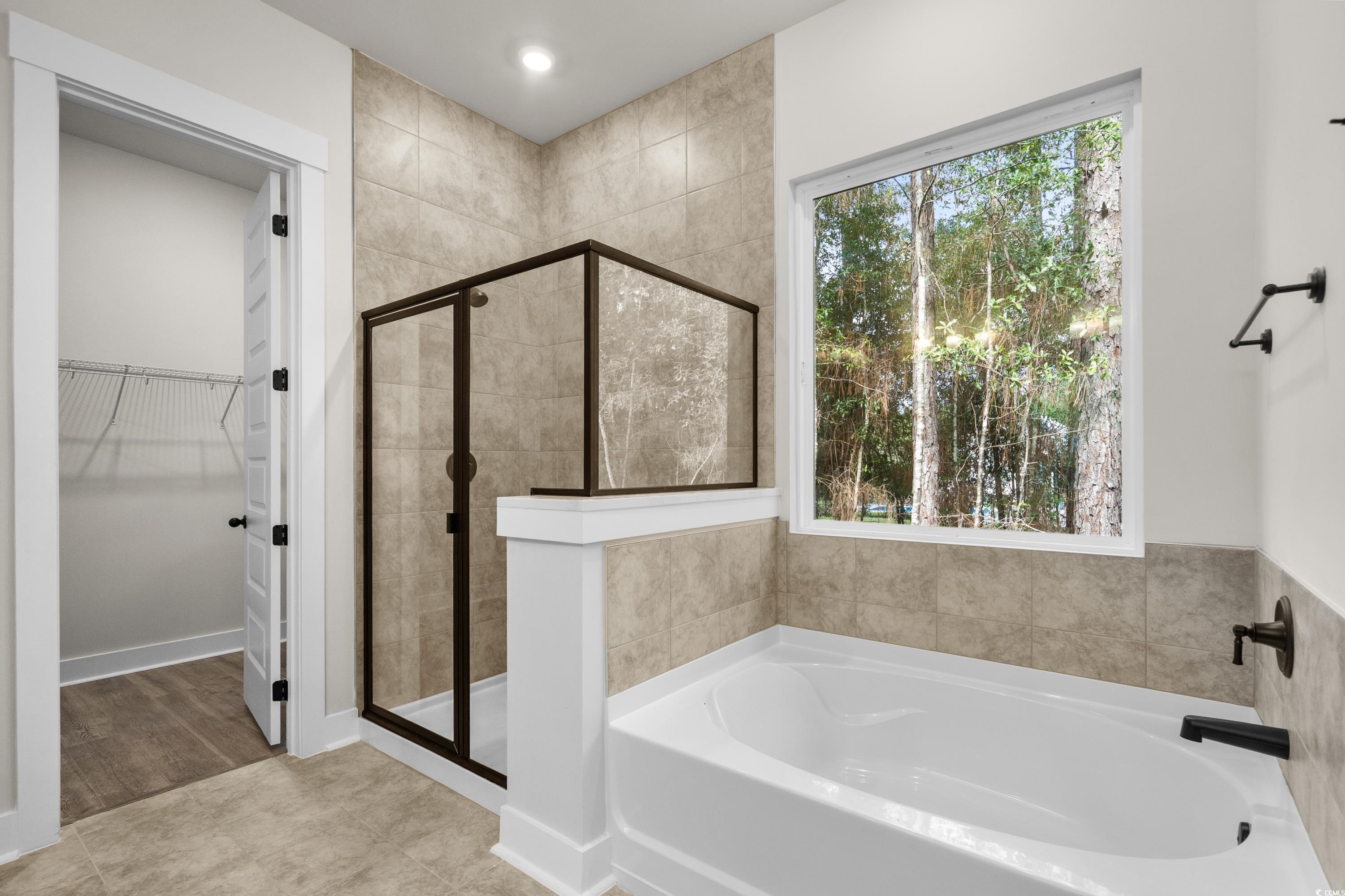 82 Bridge View Road Georgetown, SC 29440 - Photo 15 of 32 Bathroom featuring a shower stall, a walk in closet, a garden tub, and light tile patterned flooring