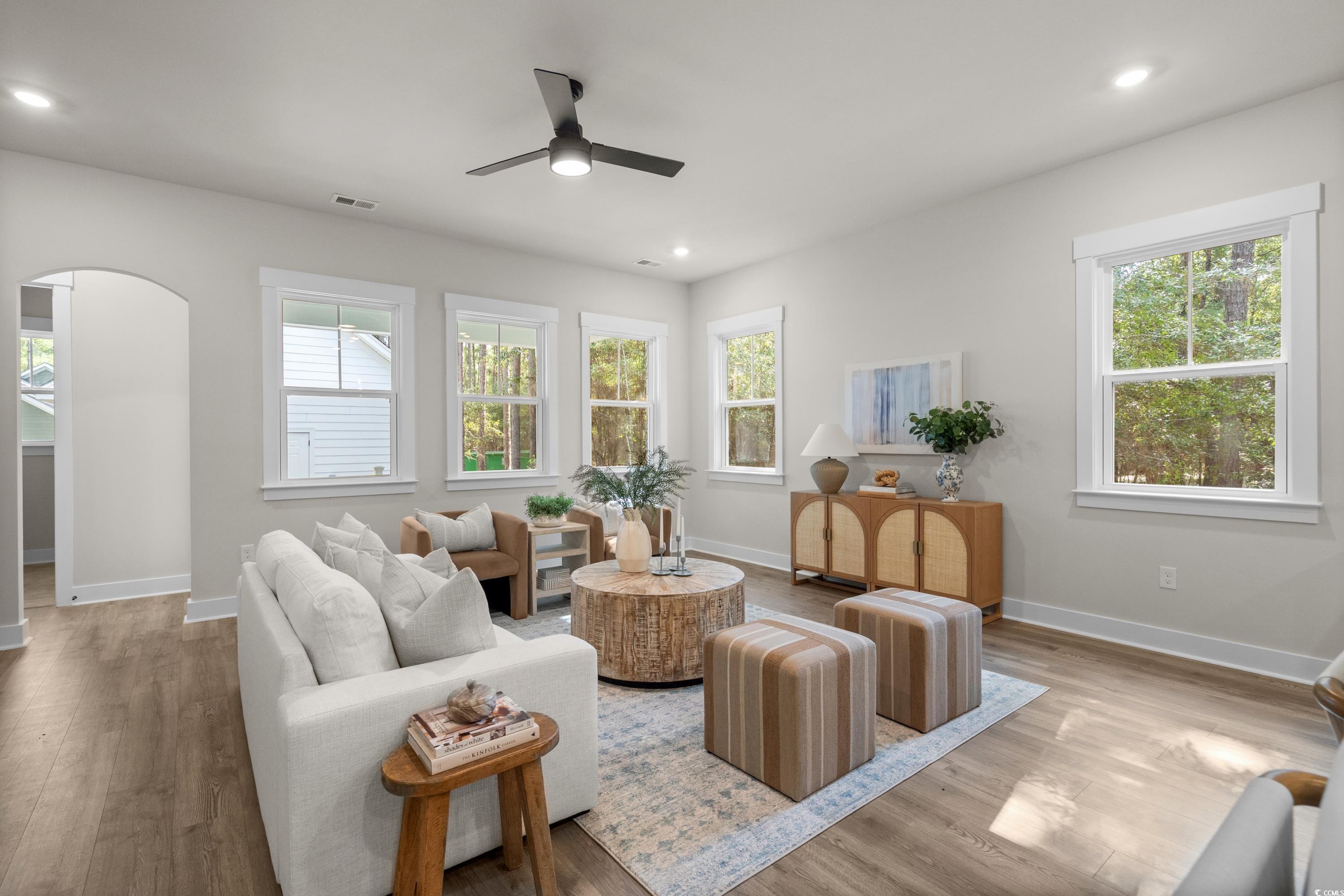 82 Bridge View Road Georgetown, SC 29440 - Photo 8 of 32 Living room with arched walkways, light wood-type flooring, plenty of natural light, and recessed lighting