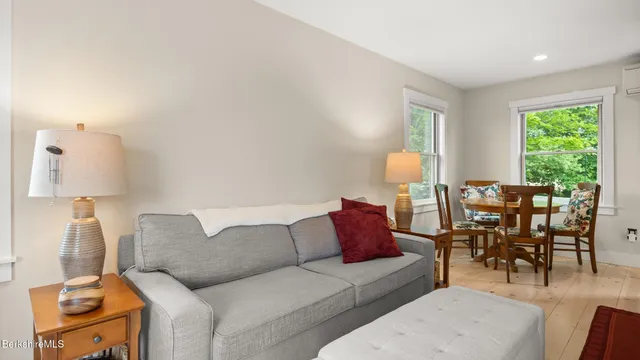 a living room with furniture and a lamp