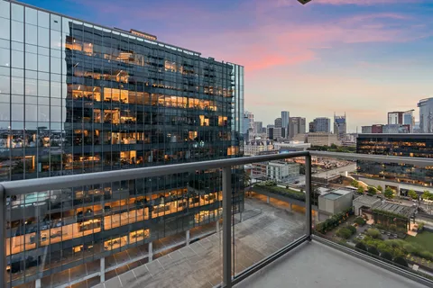 a city view with tall buildings