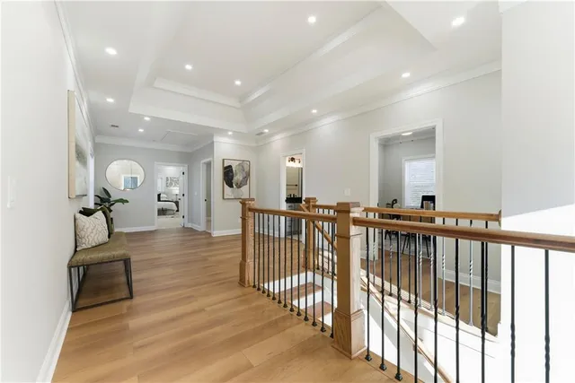 a view of a hallway with dining room