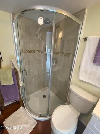 a bathroom with a toilet and a shower