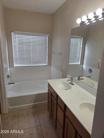 a bathroom with a sink vanity tub and a mirror