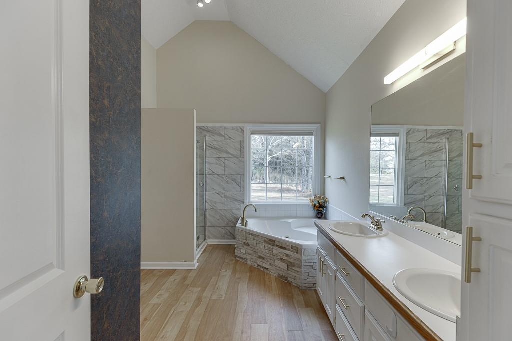 1262 Bowman Road Lawrenceville, GA 30045 - Photo 19 of 32 a bathroom with a granite countertop sink mirror and a bathtub