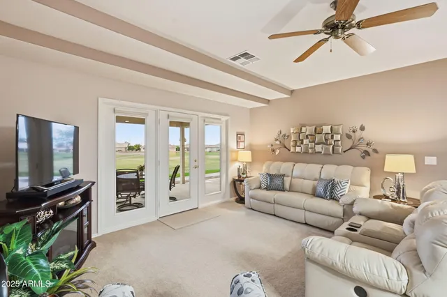 a living room with furniture a ceiling fan and a rug