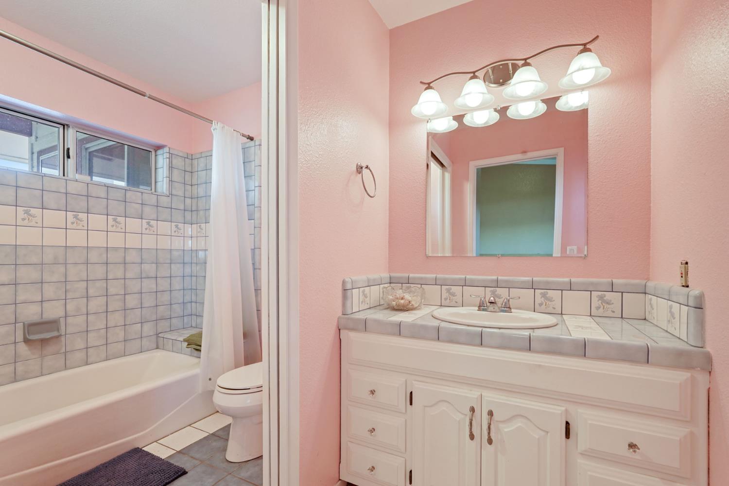 5766 Alpine Road Stockton, CA 95215 - Photo 65 of 99 a bathroom with a sink a toilet a large mirror a bathtub and shower