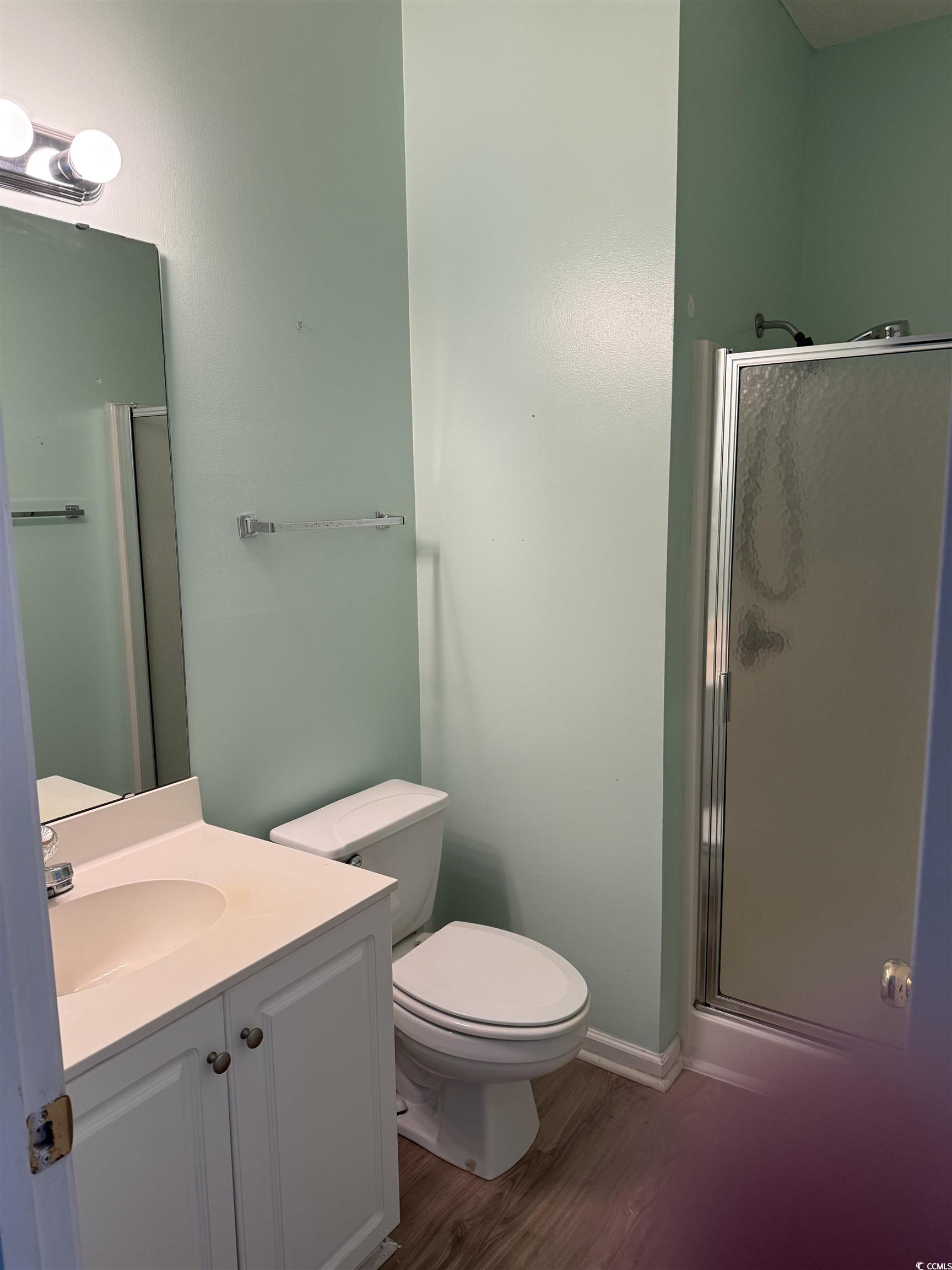 4206 Sweetwater Boulevard Murrells Inlet, SC 29576 - Photo 6 of 10 Bathroom with a stall shower, vanity, and wood fin