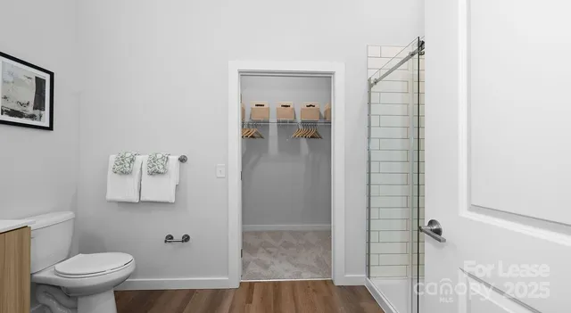 a bathroom with a shower and a toilet