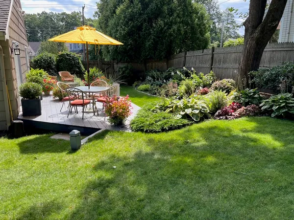 a view of a backyard with plants and a garden