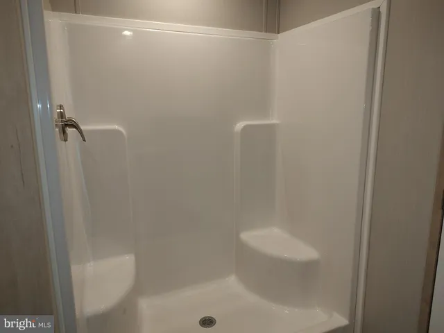 a bathroom with a shower and toilet