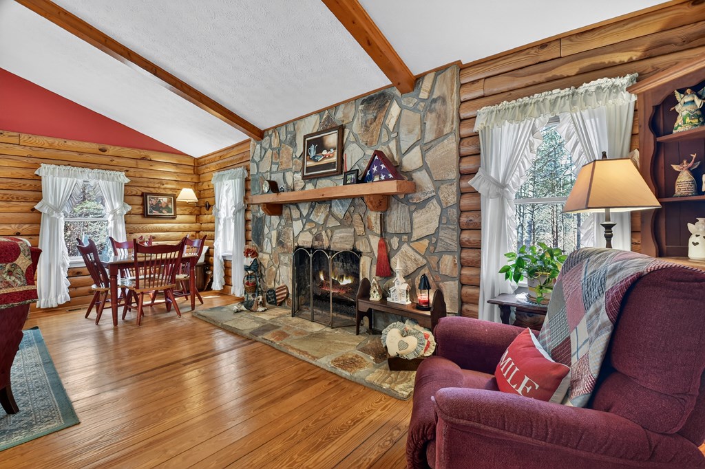 7233 Shakerag Road Ellijay, GA 30540 - Photo 12 of 117 a living room with furniture a fireplace and a table