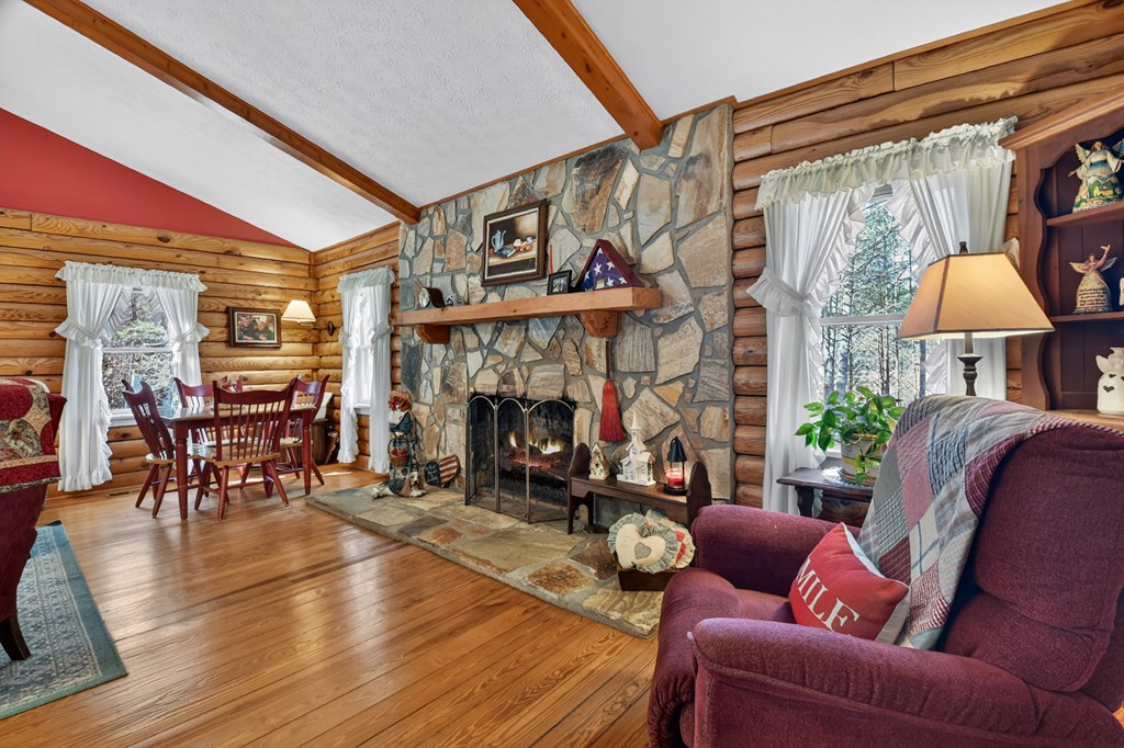 7233 Shakerag Road Ellijay, GA 30540 - Photo 64 of 117 a living room with furniture a fireplace and a table