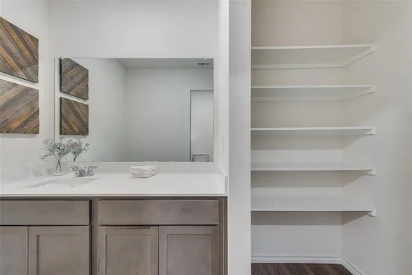 a bathroom with a sink and a mirror