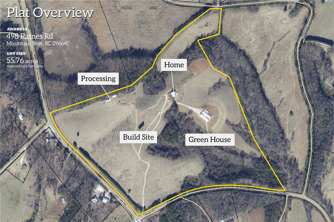 498 Raines Road Mountain Rest, SC 29664 - Photo 13 of 48 An aerial plat map outlines the expansive acreage and structures of this rural property.