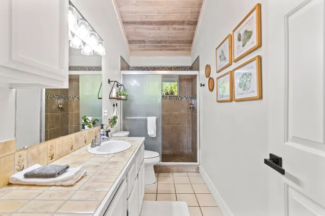 a bathroom with a granite countertop sink a mirror and a shower