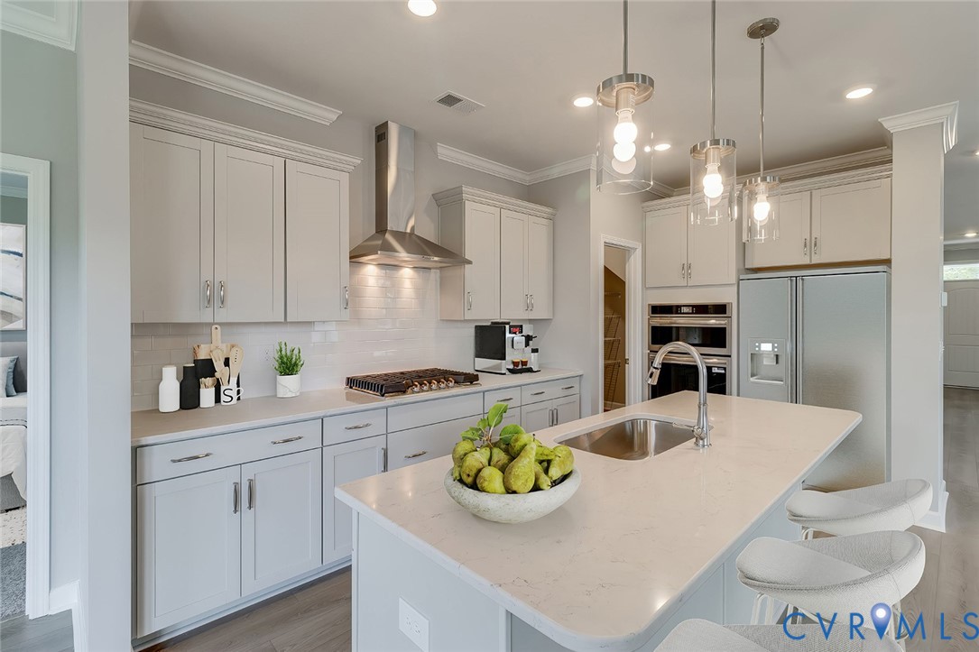 19007 Palisades Ridge Moseley, VA 23120 - Photo 2 of 21 a kitchen with granite countertop a white center island stainless steel appliances and cabinets