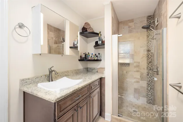 a bathroom with a granite countertop sink a mirror and shower