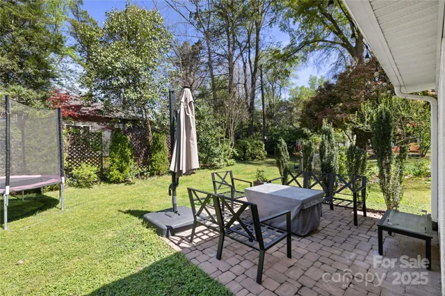 a view of a backyard with table and chairs potted plants and large tree