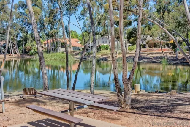a backyard of a house with lots of green space and lake view