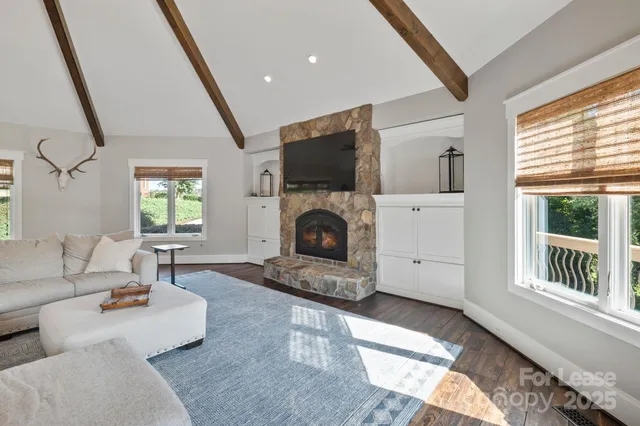 a living room with furniture a fireplace and a flat screen tv