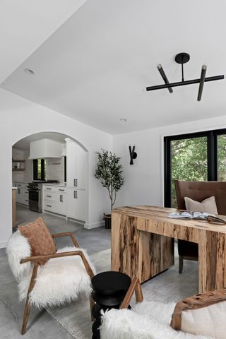 a living room with furniture and a potted plant
