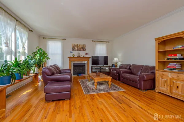 a living room with furniture a fireplace and a potted plant