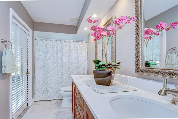 a bathroom with a sink a mirror and a shower curtain