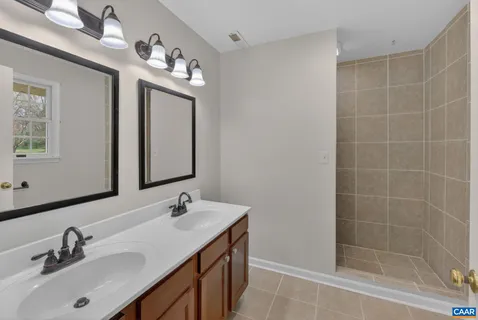 a bathroom with a double vanity sink mirror and shower