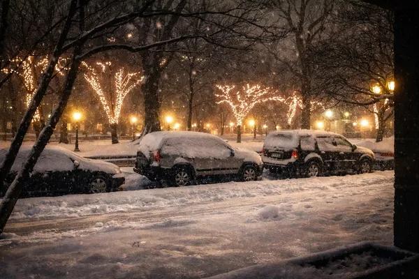 a view of a yard covered in snow