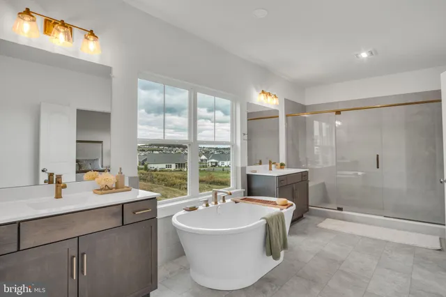 a bathroom with a tub a sink and a large mirror