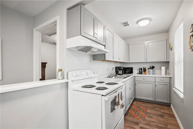 a kitchen with stainless steel appliances a white stove top oven sink and cabinets